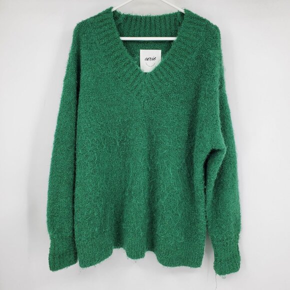 Aerie Off Duty Fuzzy Dark Green V Neck Long Sleeved Pullover Sweater Shirt Small - Picture 1 of 9